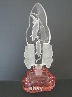 Antique 20's Art Deco Czech Bohemian Pink/Clear Signed Perfume Bottle