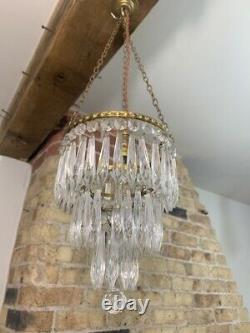 Antique 3 Tier Cut Crystal Glass Chandelier with Ceiling Hook and Pendant Light