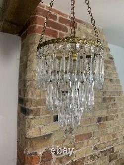 Antique 3 Tier Cut Crystal Glass Chandelier with Ceiling Hook and Pendant Light