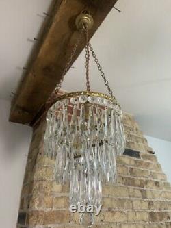 Antique 3 Tier Cut Crystal Glass Chandelier with Ceiling Hook and Pendant Light