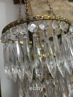 Antique 3 Tier Cut Crystal Glass Chandelier with Ceiling Hook and Pendant Light