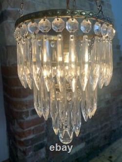 Antique 3 Tier Cut Crystal Glass Chandelier with Ceiling Hook and Pendant Light