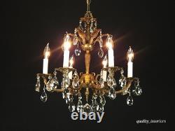 Antique 6 Arm 6 Light Svelte Shimmering Brass Cut Lead Glass Crystal Chandelier