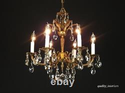 Antique 6 Arm 6 Light Svelte Shimmering Brass Cut Lead Glass Crystal Chandelier