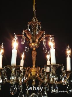 Antique 6 Arm 6 Light Svelte Shimmering Brass Cut Lead Glass Crystal Chandelier