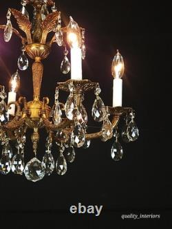 Antique 6 Arm 6 Light Svelte Shimmering Brass Cut Lead Glass Crystal Chandelier