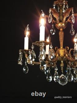 Antique 6 Arm 6 Light Svelte Shimmering Brass Cut Lead Glass Crystal Chandelier