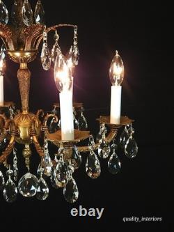 Antique 6 Arm 6 Light Svelte Shimmering Brass Cut Lead Glass Crystal Chandelier