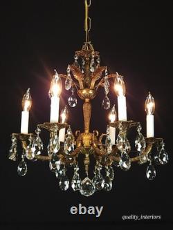 Antique 6 Arm 6 Light Svelte Shimmering Brass Cut Lead Glass Crystal Chandelier
