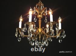 Antique 6 Arm 6 Light Svelte Shimmering Brass Cut Lead Glass Crystal Chandelier
