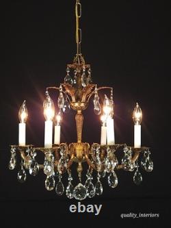 Antique 6 Arm 6 Light Svelte Shimmering Brass Cut Lead Glass Crystal Chandelier