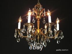 Antique 6 Arm 6 Light Svelte Shimmering Brass Cut Lead Glass Crystal Chandelier