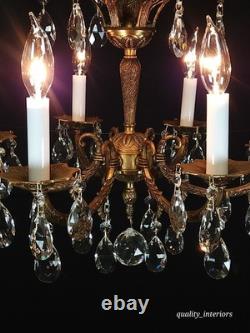 Antique 6 Arm 6 Light Svelte Shimmering Brass Cut Lead Glass Crystal Chandelier