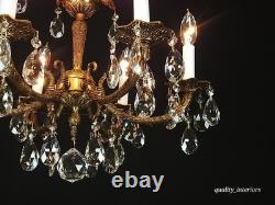 Antique 6 Arm 6 Light Svelte Shimmering Brass Cut Lead Glass Crystal Chandelier