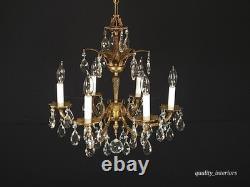 Antique 6 Arm 6 Light Svelte Shimmering Brass Cut Lead Glass Crystal Chandelier