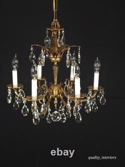 Antique 6 Arm 6 Light Svelte Shimmering Brass Cut Lead Glass Crystal Chandelier