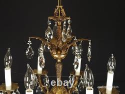 Antique 6 Arm 6 Light Svelte Shimmering Brass Cut Lead Glass Crystal Chandelier