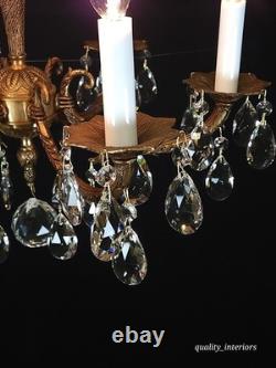 Antique 6 Arm 6 Light Svelte Shimmering Brass Cut Lead Glass Crystal Chandelier