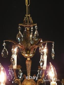Antique 6 Arm 6 Light Svelte Shimmering Brass Cut Lead Glass Crystal Chandelier