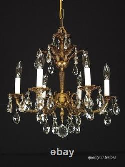 Antique 6 Arm 6 Light Svelte Shimmering Brass Cut Lead Glass Crystal Chandelier