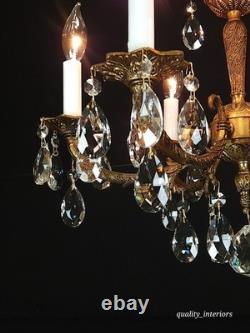 Antique 6 Arm 6 Light Svelte Shimmering Brass Cut Lead Glass Crystal Chandelier