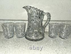 Antique ABP Cut Glass Water Set Pitcher with 4 Tumblers Cut Thistle & Cosmos