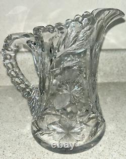 Antique ABP Cut Glass Water Set Pitcher with 4 Tumblers Cut Thistle & Cosmos