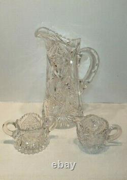 Antique American Brilliant ABP Cut Glass Crystal Pitcher withCreamer & Sugar Lot