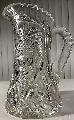 Antique American Brilliant Abp Heavy Cut Crystal Glass Pitcher Pinwheels Stars