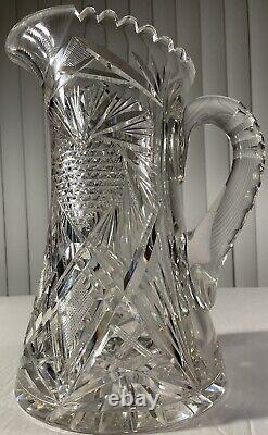 Antique American Brilliant Abp Heavy Cut Crystal Glass Pitcher Pinwheels Stars