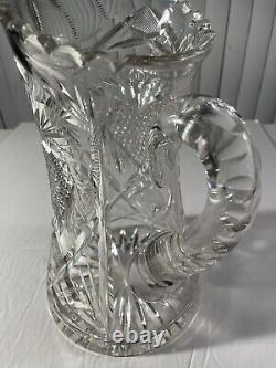 Antique American Brilliant Abp Heavy Cut Crystal Glass Pitcher Pinwheels Stars