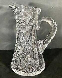 Antique American Brilliant Crystal Water Pitcher Pinwheel, X, Star of David Cuts