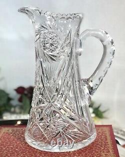 Antique American Brilliant Crystal Water Pitcher Pinwheel, X, Star of David Cuts