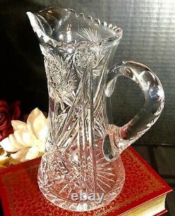 Antique American Brilliant Crystal Water Pitcher Pinwheel, X, Star of David Cuts