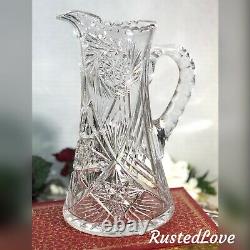 Antique American Brilliant Crystal Water Pitcher Pinwheel, X, Star of David Cuts