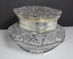 Antique American Brilliant Cut Crystal Glass Large Dresser Box with silver plate