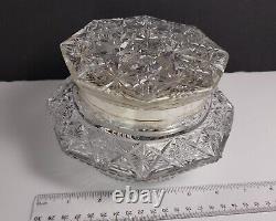 Antique American Brilliant Cut Crystal Glass Large Dresser Box with silver plate