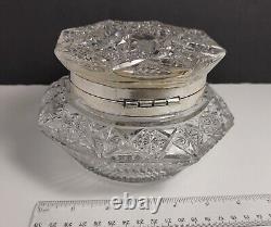 Antique American Brilliant Cut Crystal Glass Large Dresser Box with silver plate