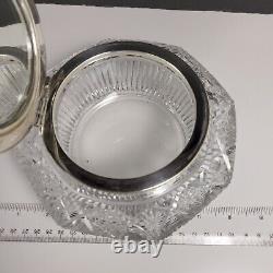 Antique American Brilliant Cut Crystal Glass Large Dresser Box with silver plate