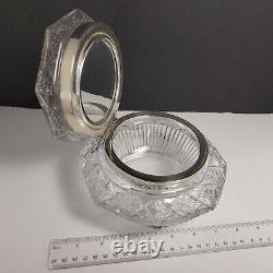 Antique American Brilliant Cut Crystal Glass Large Dresser Box with silver plate