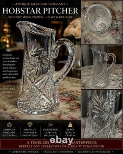 Antique American Brilliant Cut Crystal Hobstar Pitcher 12 Heavy