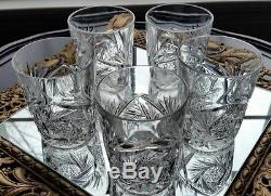 Antique American Brilliant Cut Crystal Pitcher & 5 Glasses Set ABP Antique