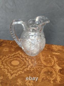 Antique American Brilliant Cut Glass Crystal Clear Pitcher #208 Triple Notch