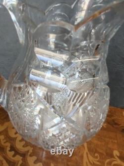 Antique American Brilliant Cut Glass Crystal Clear Pitcher #208 Triple Notch