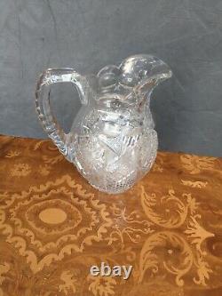 Antique American Brilliant Cut Glass Crystal Pitcher #208 Triple Notch