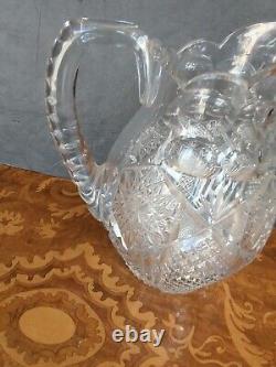 Antique American Brilliant Cut Glass Crystal Pitcher #208 Triple Notch