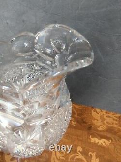 Antique American Brilliant Cut Glass Crystal Pitcher #208 Triple Notch