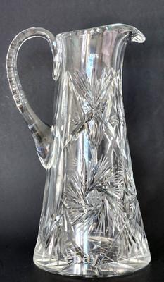 Antique American Brilliant Cut Glass Pitcher 9 Hobstar Starburst