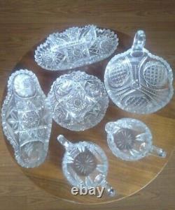 Antique American Brilliant Period Cut Crystal Glass Hobstar Sawtooth 6 piece set