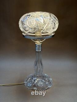 Antique American Cut Crystal Glass Boudoir Hobstar Lamp Mushroom Shade